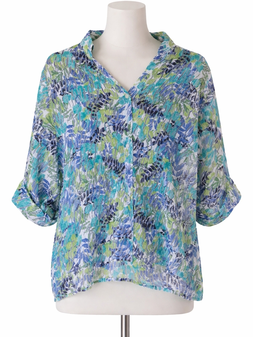 Beautiful Sheer Printed Button-FrontTop Blue/Green, Resort, Vacation, Beachy 2X